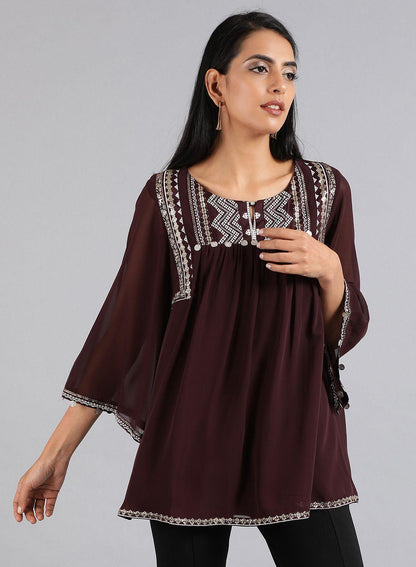 Wine Round Neck Festive Top - wforwoman
