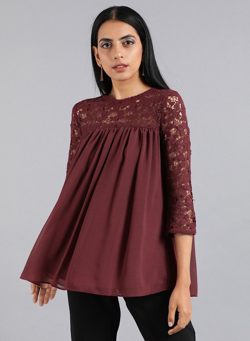 Wine Round Neck Lace Top - wforwoman