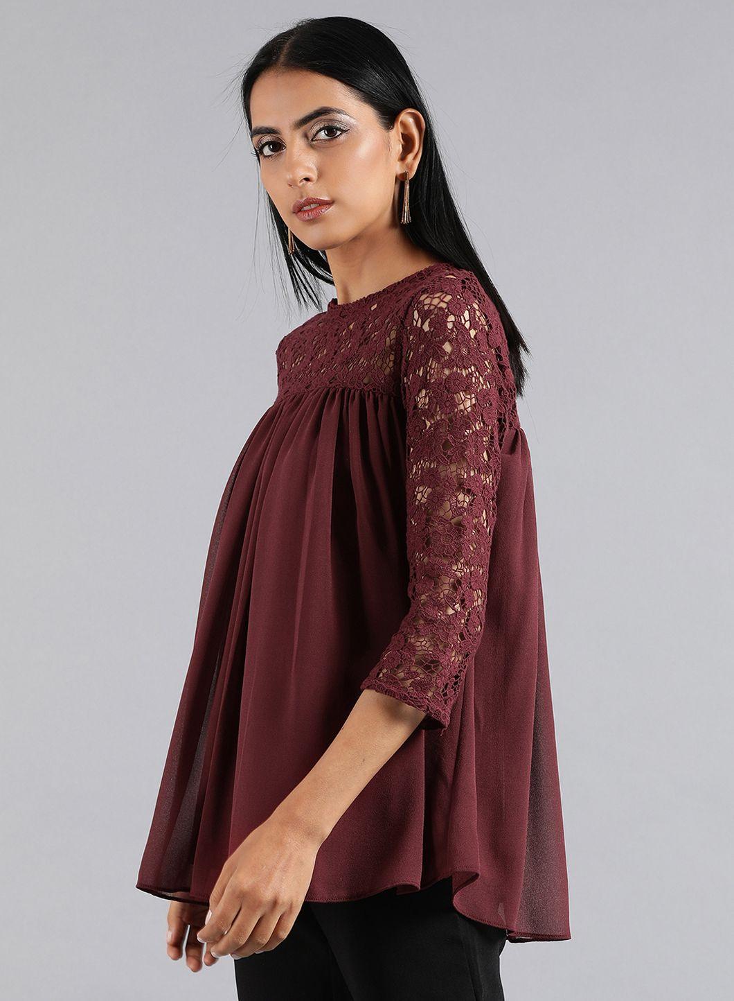 Wine Round Neck Lace Top - wforwoman