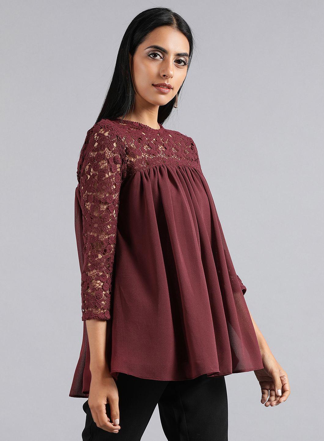 Wine Round Neck Lace Top - wforwoman