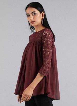 Wine Round Neck Lace Top - wforwoman