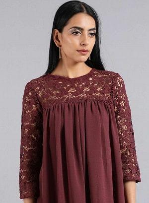 Wine Round Neck Lace Top - wforwoman