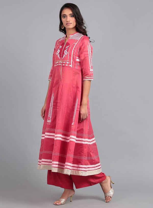 Red Mandarin Neck Printed kurta Set
