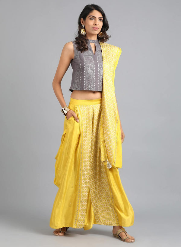 Grey & Yellow Mandarin Neck Printed Gypsuit