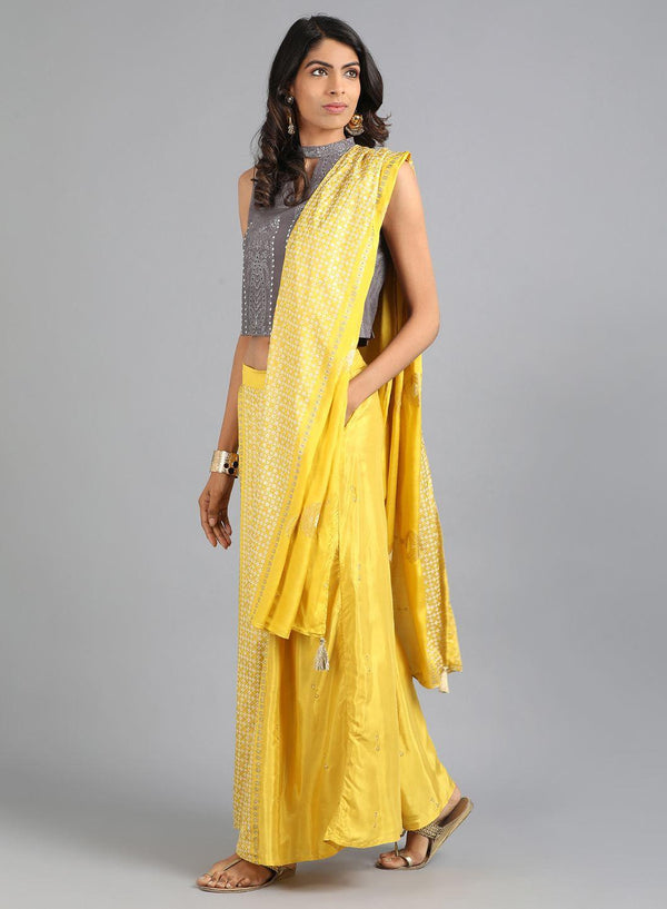 Grey & Yellow Mandarin Neck Printed Gypsuit