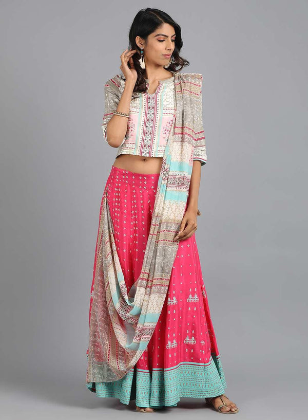 Pink & White Mandarin Neck Printed Gypsuit