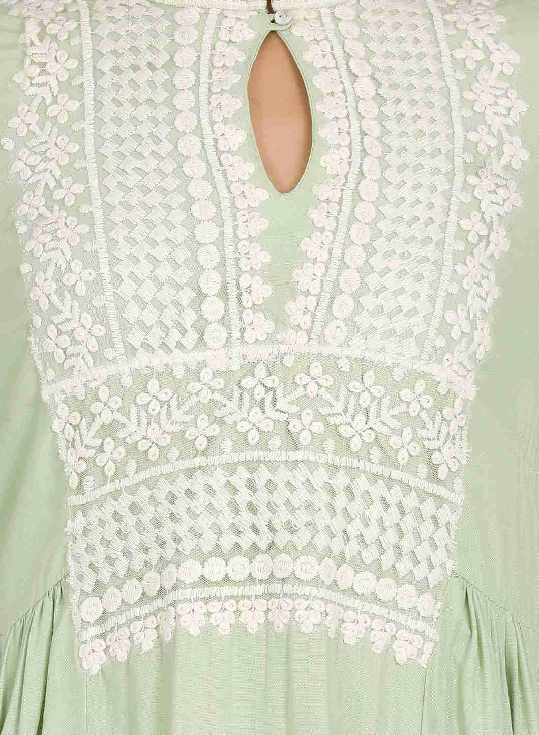 Green Mandarin Neck Embroidered kurta - wforwoman