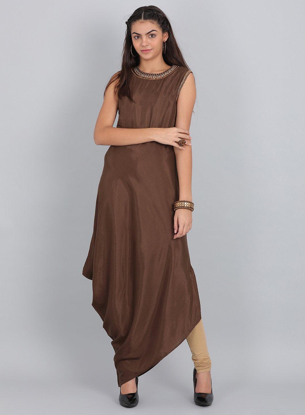 Brown Embellished Round Neck kurta - wforwoman