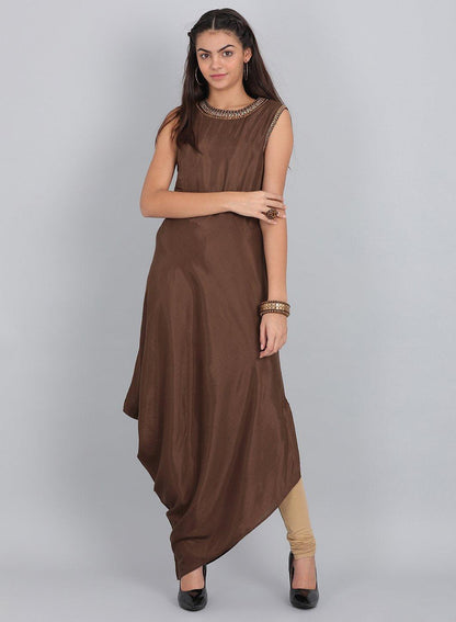 Brown Embellished Round Neck kurta - wforwoman