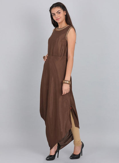 Brown Embellished Round Neck kurta - wforwoman