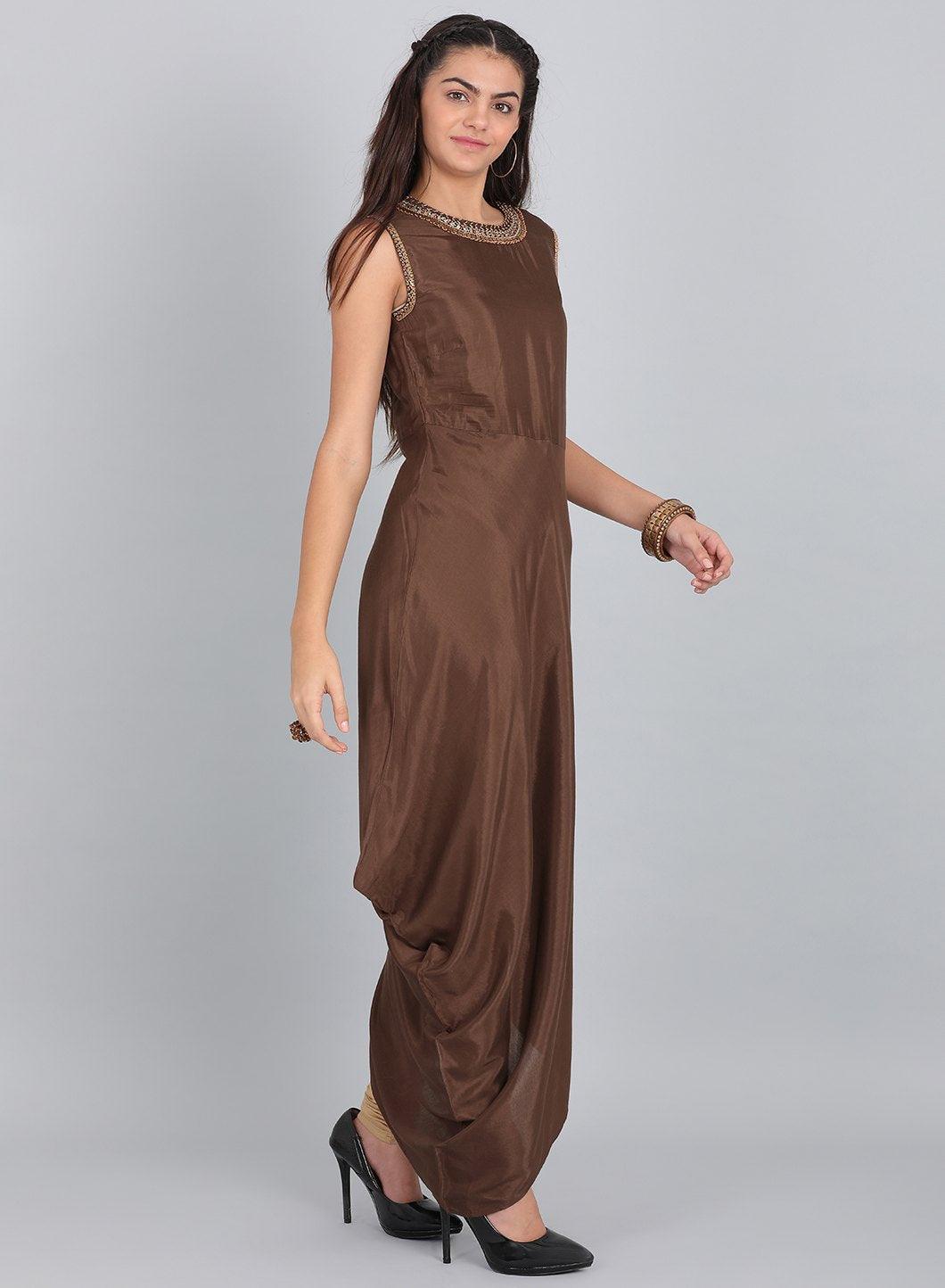 Brown Embellished Round Neck kurta - wforwoman