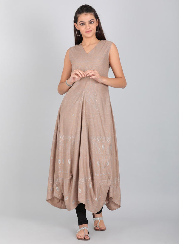 Beige V Neck Flared Hemline kurta