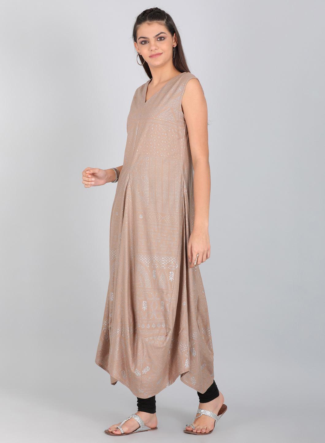 Beige V Neck Flared Hemline kurta - wforwoman