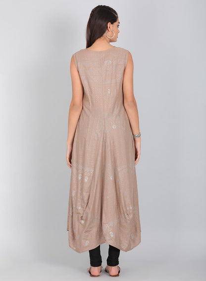 Beige V Neck Flared Hemline kurta - wforwoman