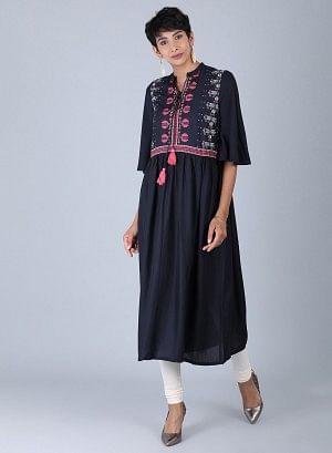 Black Mandarin Neck Tie-Up kurta - wforwoman