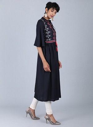 Black Mandarin Neck Tie-Up kurta - wforwoman