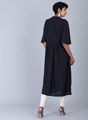 Black Mandarin Neck Tie-Up kurta - wforwoman