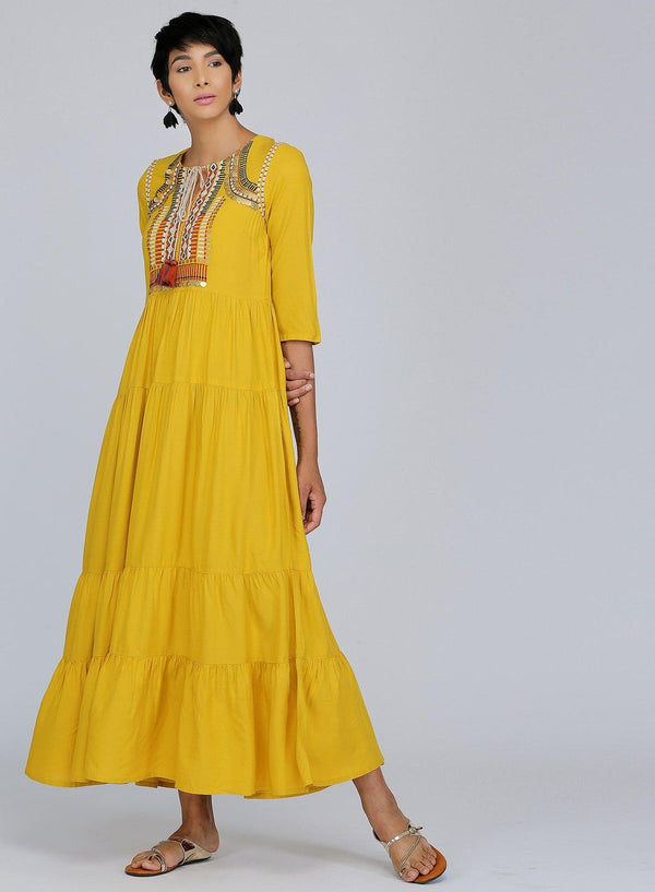Yellow Round Neck Printed kurta