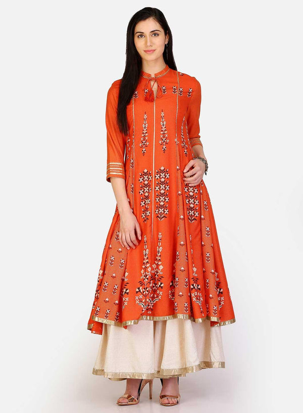 Orange Mandarin Neck Printed kurta