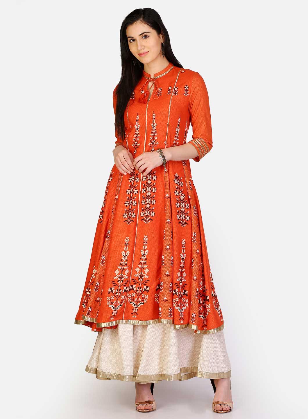 Orange Mandarin Neck Printed kurta - wforwoman