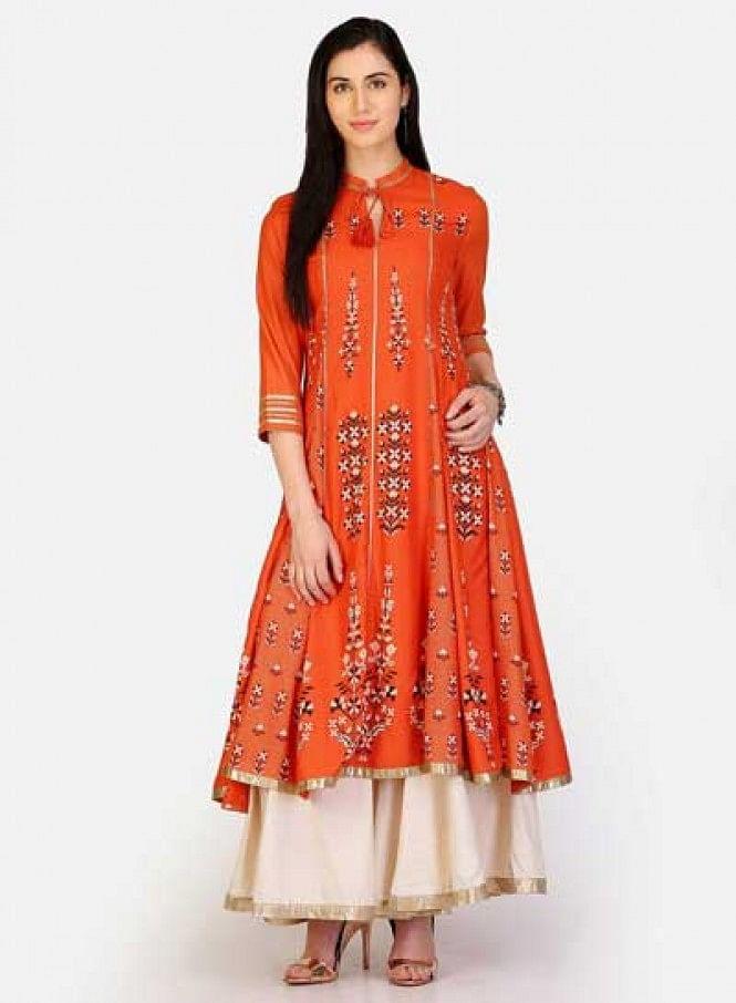 Orange Mandarin Neck Printed kurta - wforwoman