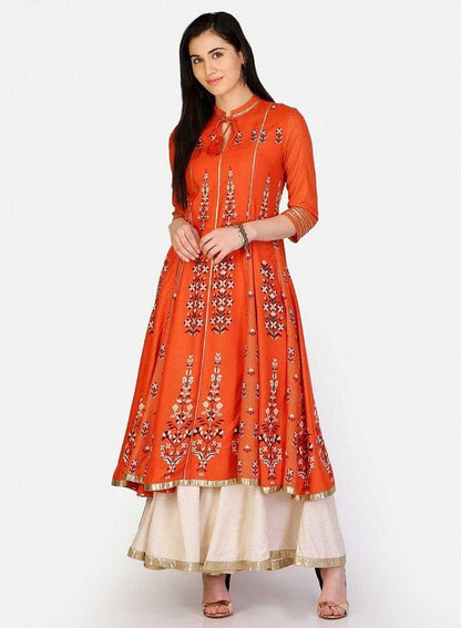Orange Mandarin Neck Printed kurta - wforwoman