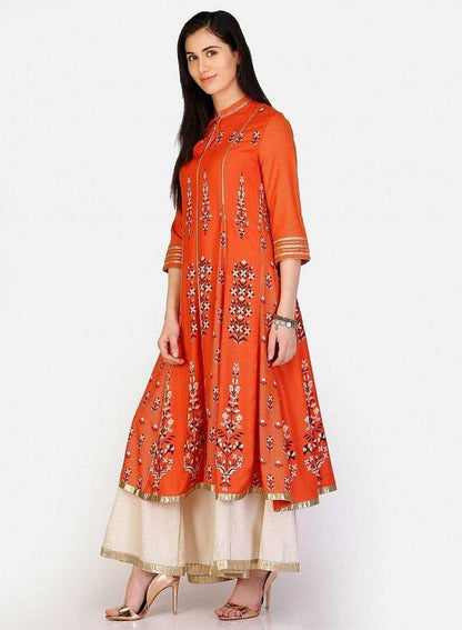 Orange Mandarin Neck Printed kurta - wforwoman