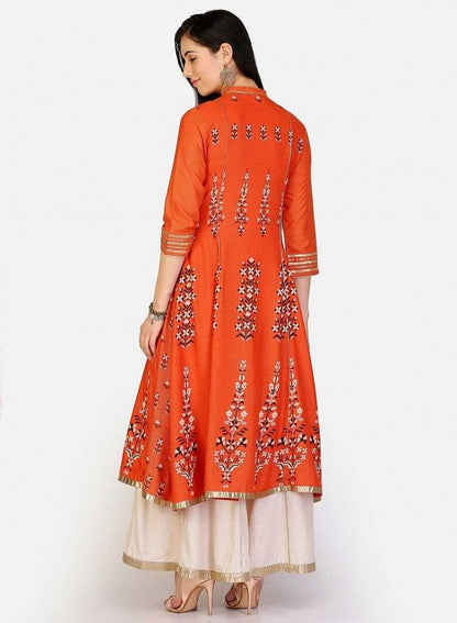 Orange Mandarin Neck Printed kurta - wforwoman