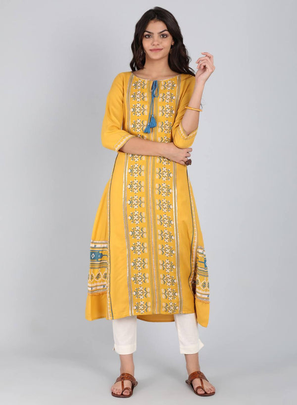 Yellow Round Neck Tie-Up kurta