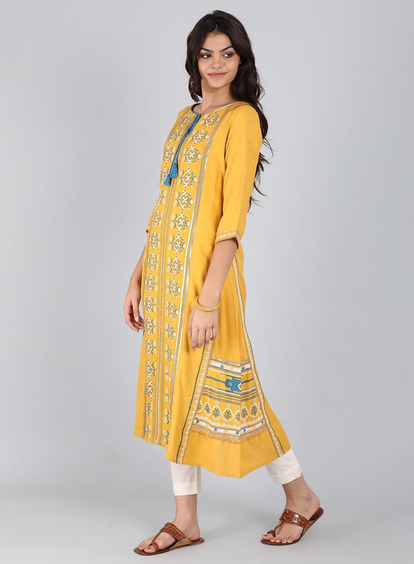 Yellow Round Neck Tie-Up kurta