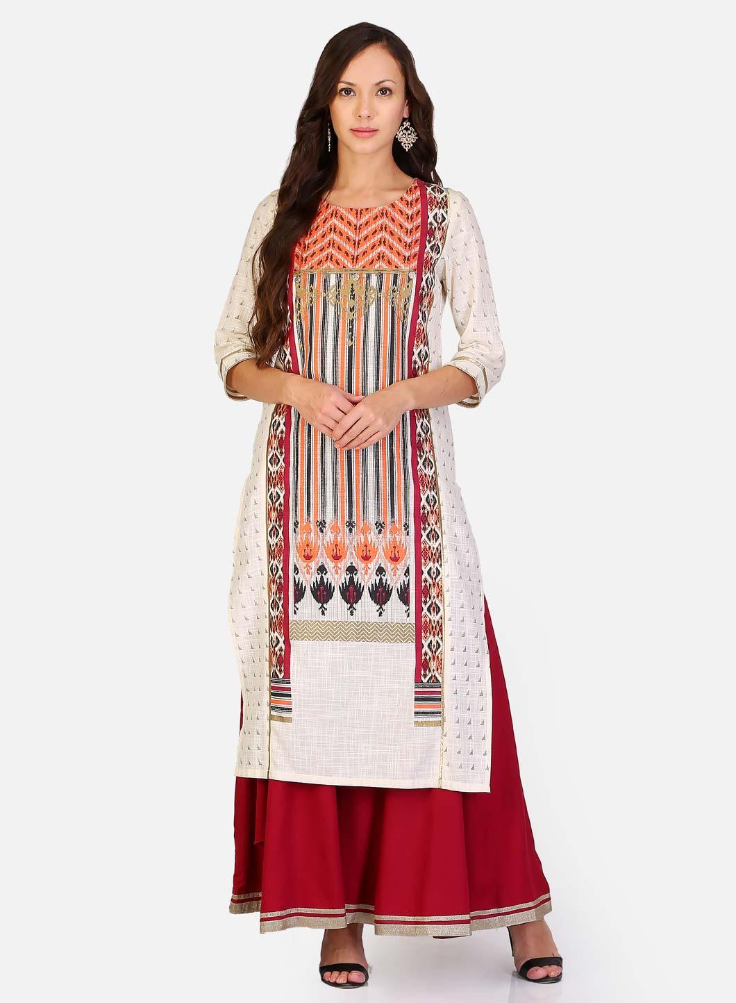 White &amp; Maroon Round Neck Printed kurta - wforwoman