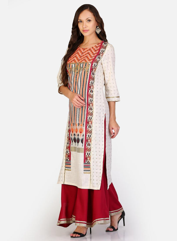White & Maroon Round Neck Printed kurta