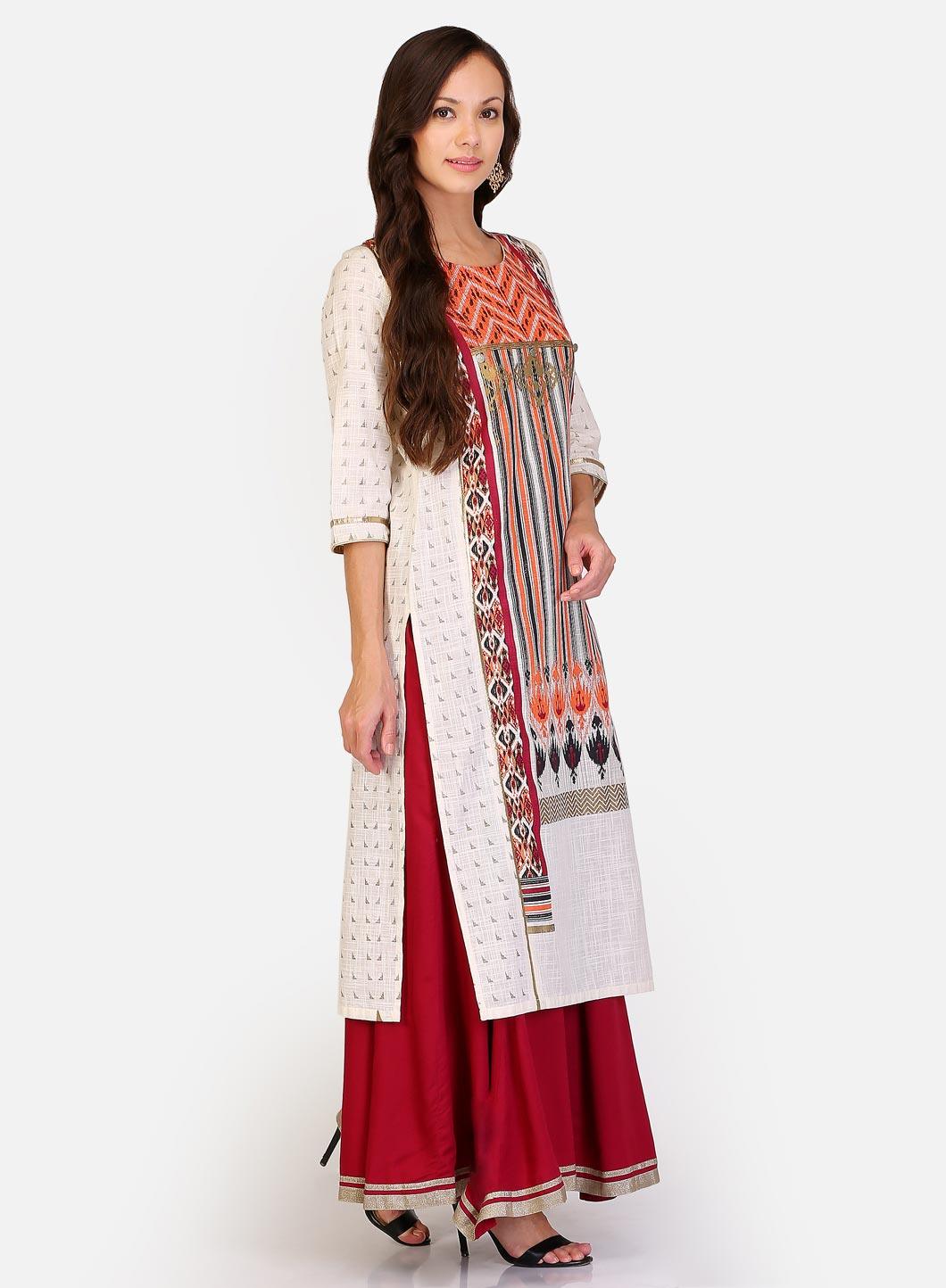 White &amp; Maroon Round Neck Printed kurta - wforwoman
