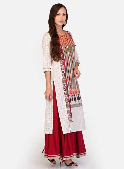 White &amp; Maroon Round Neck Printed kurta - wforwoman