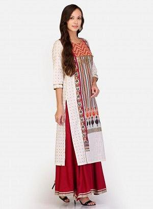 White &amp; Maroon Round Neck Printed kurta - wforwoman