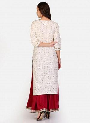 White &amp; Maroon Round Neck Printed kurta - wforwoman