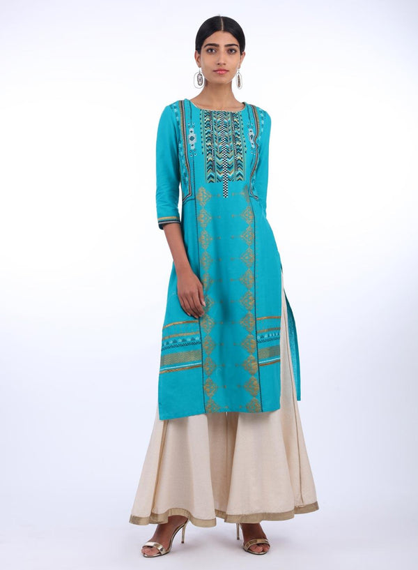 Teal Blue Round Neck Printed kurta