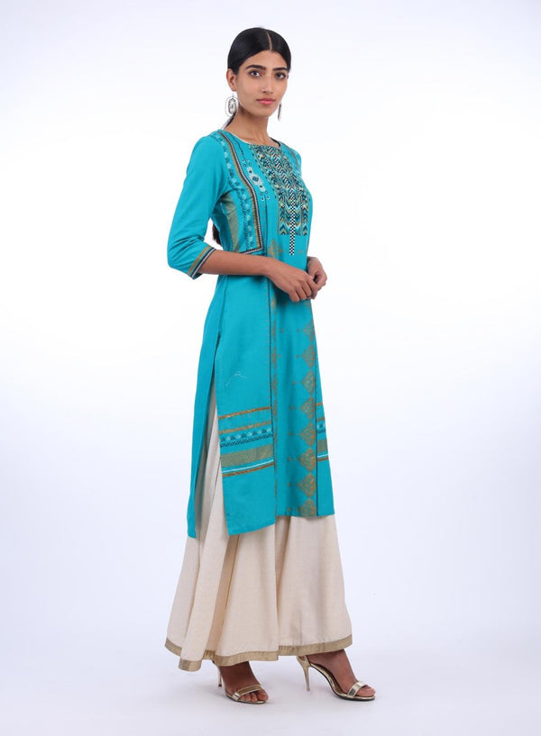 Teal Blue Round Neck Printed kurta