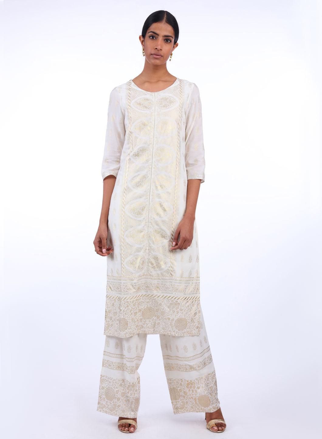 White Round Neck Printed kurta - wforwoman