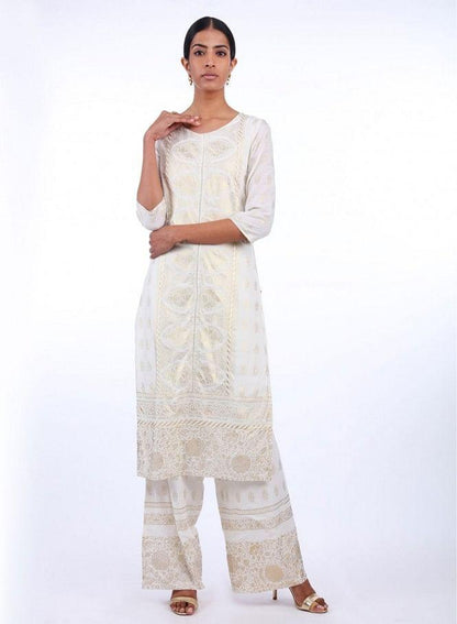 White Round Neck Printed kurta - wforwoman