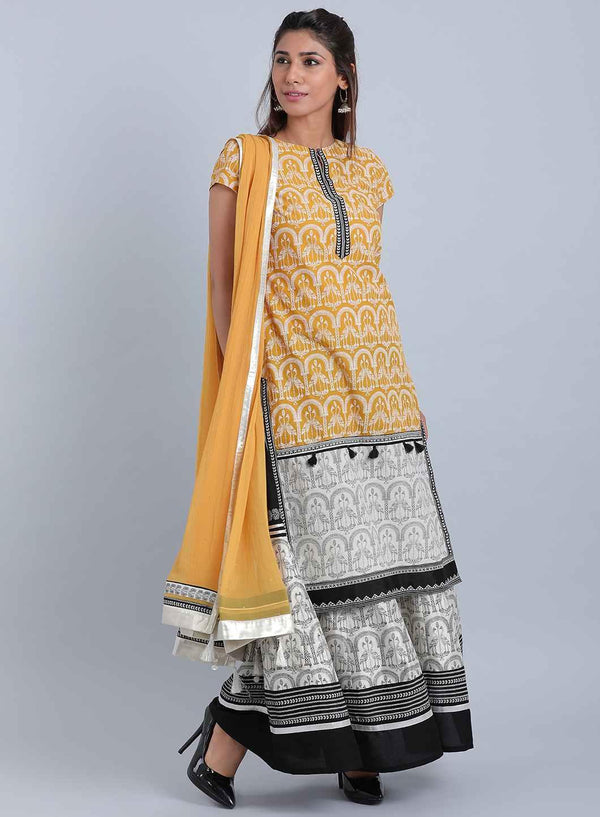 Yellow Printed Round Neck kurta