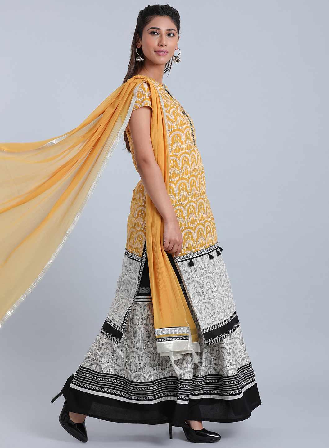 Yellow Printed Round Neck kurta - wforwoman