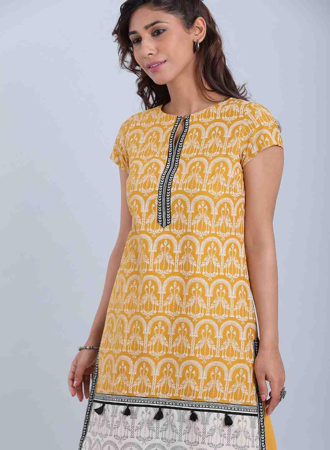 Yellow Printed Round Neck kurta - wforwoman