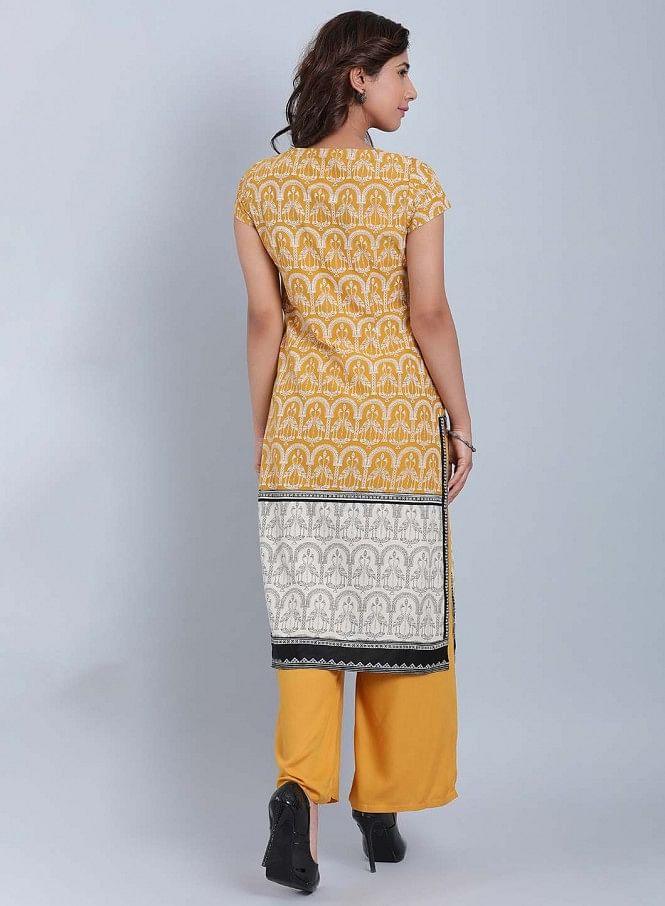 Yellow Printed Round Neck kurta - wforwoman