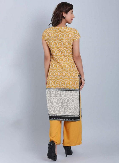 Yellow Printed Round Neck kurta - wforwoman