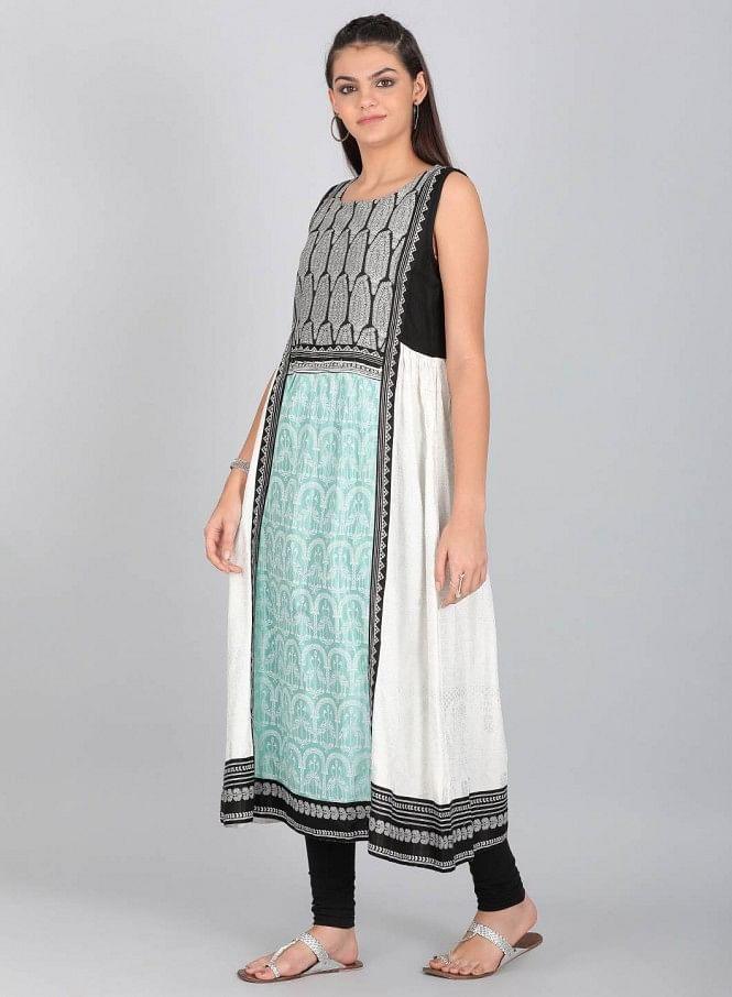 Black Printed Round Neck kurta - wforwoman
