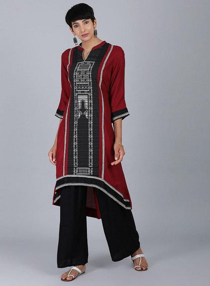 Black Mandarin Neck Printed kurta - wforwoman
