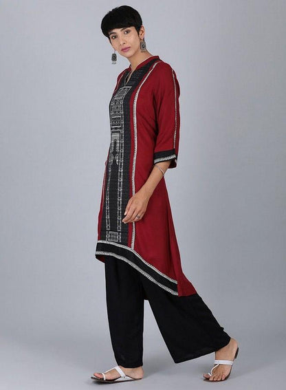 Black Mandarin Neck Printed kurta - wforwoman