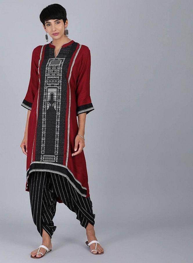 Black Mandarin Neck Printed kurta - wforwoman
