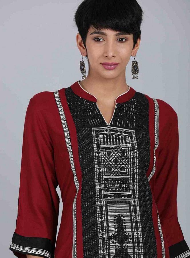 Black Mandarin Neck Printed kurta - wforwoman